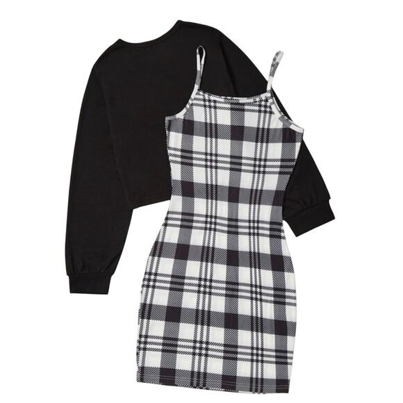 Plaid Cami Bodycon Dress with Solid Long Sleeve Crop Tee Women's Size 14 NWOT - Picture 1 of 15